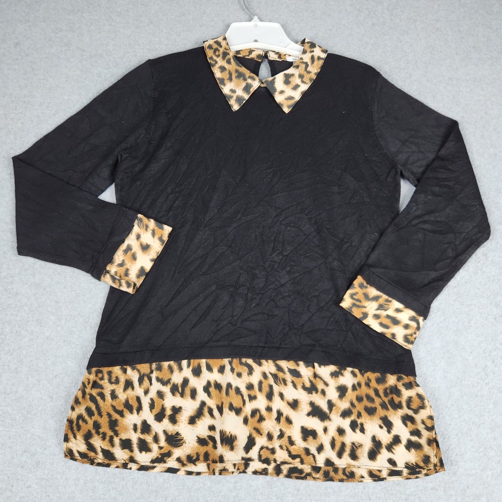 Vila Milano Layered Sweater Womens Small Black Leopard Print Collared Cotton